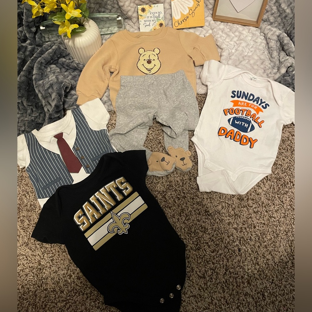 5 Piece for Him Cozy Kids Winnie the Pooh Joggers Set w Bear Feet+3 Onesies 3-6M